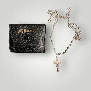 Vintage Sterling Silver Rosary Necklace 24” Catholic Beaded Chain Crucifix 12.4g